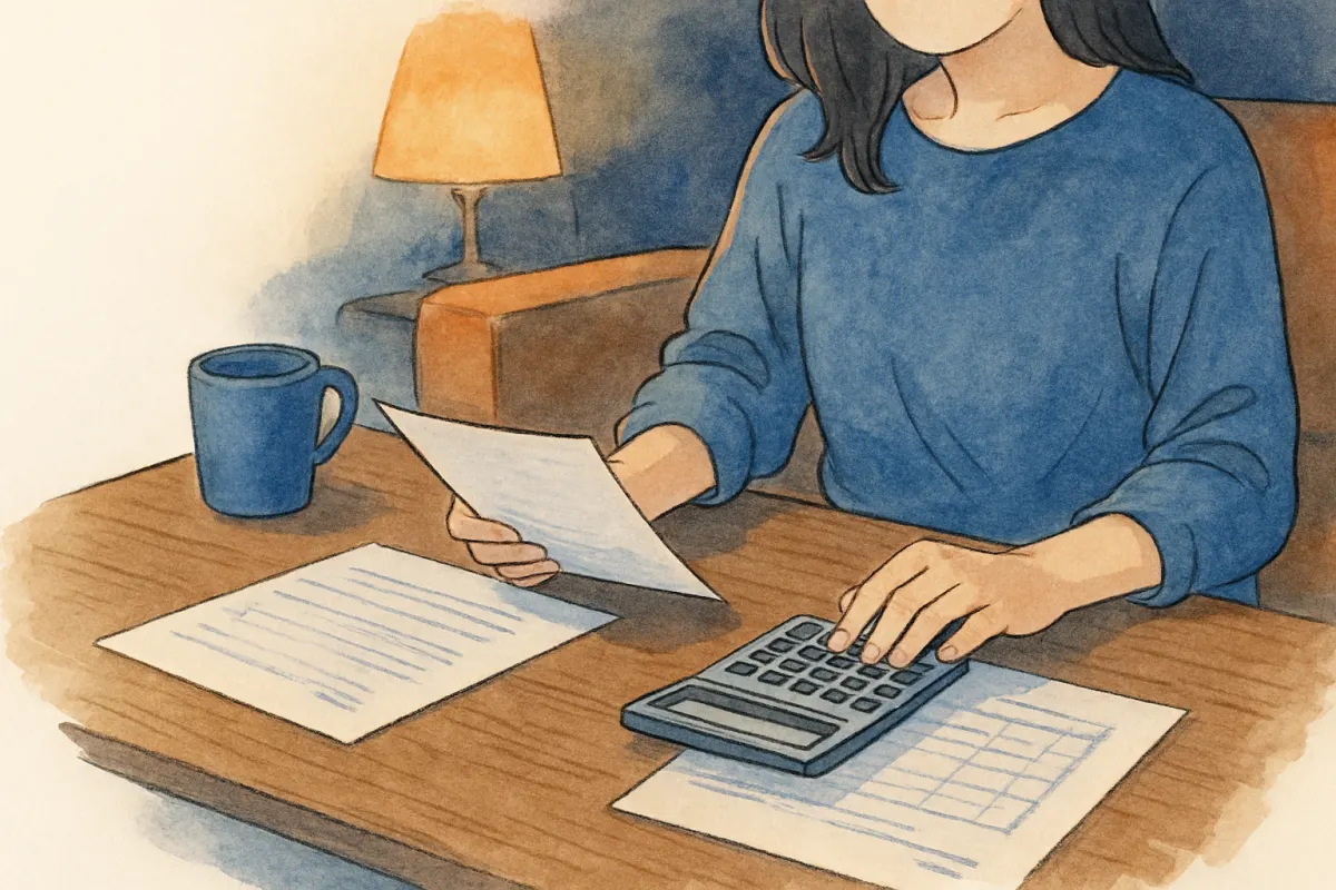 夜のリビングで電卓と見積書を前に考え込む様子