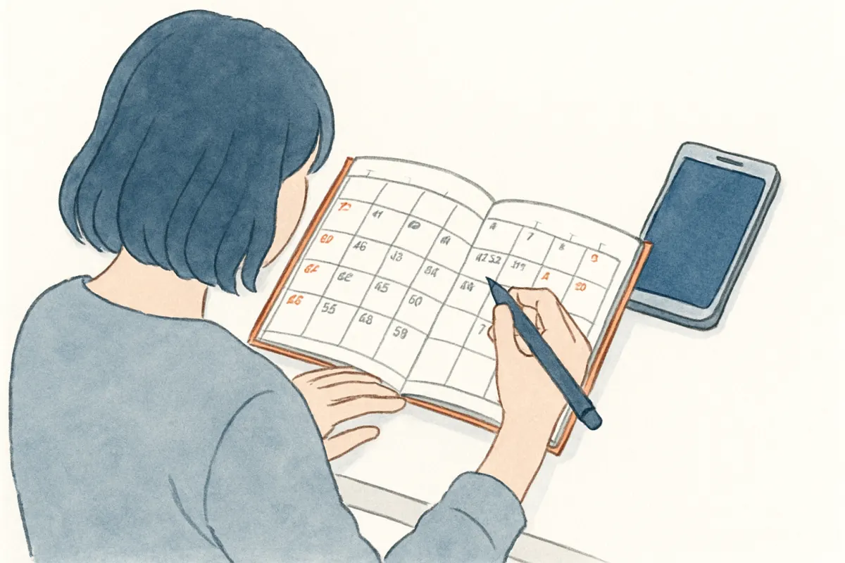 手帳に帰宅時間のメモを書き込み日時を絞り込む様子