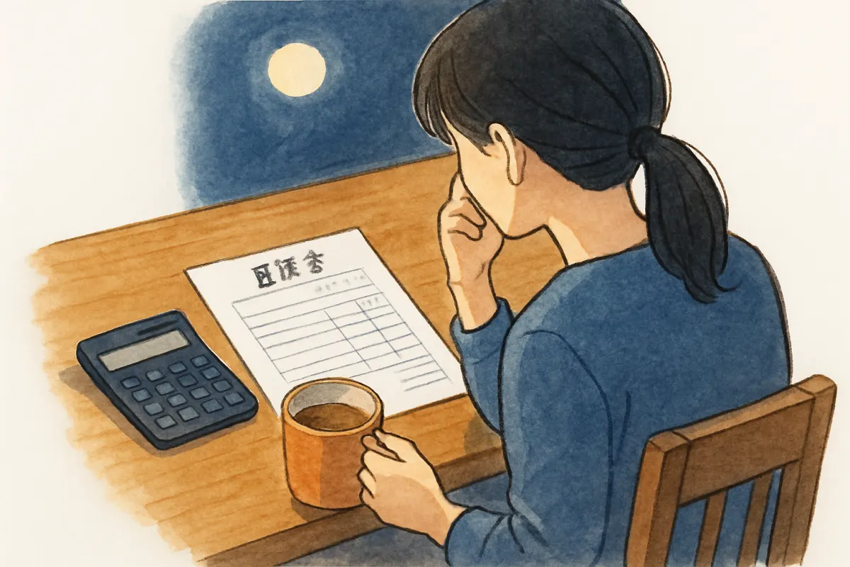 夜のテーブルで電卓と書類を前に考える女性の手元