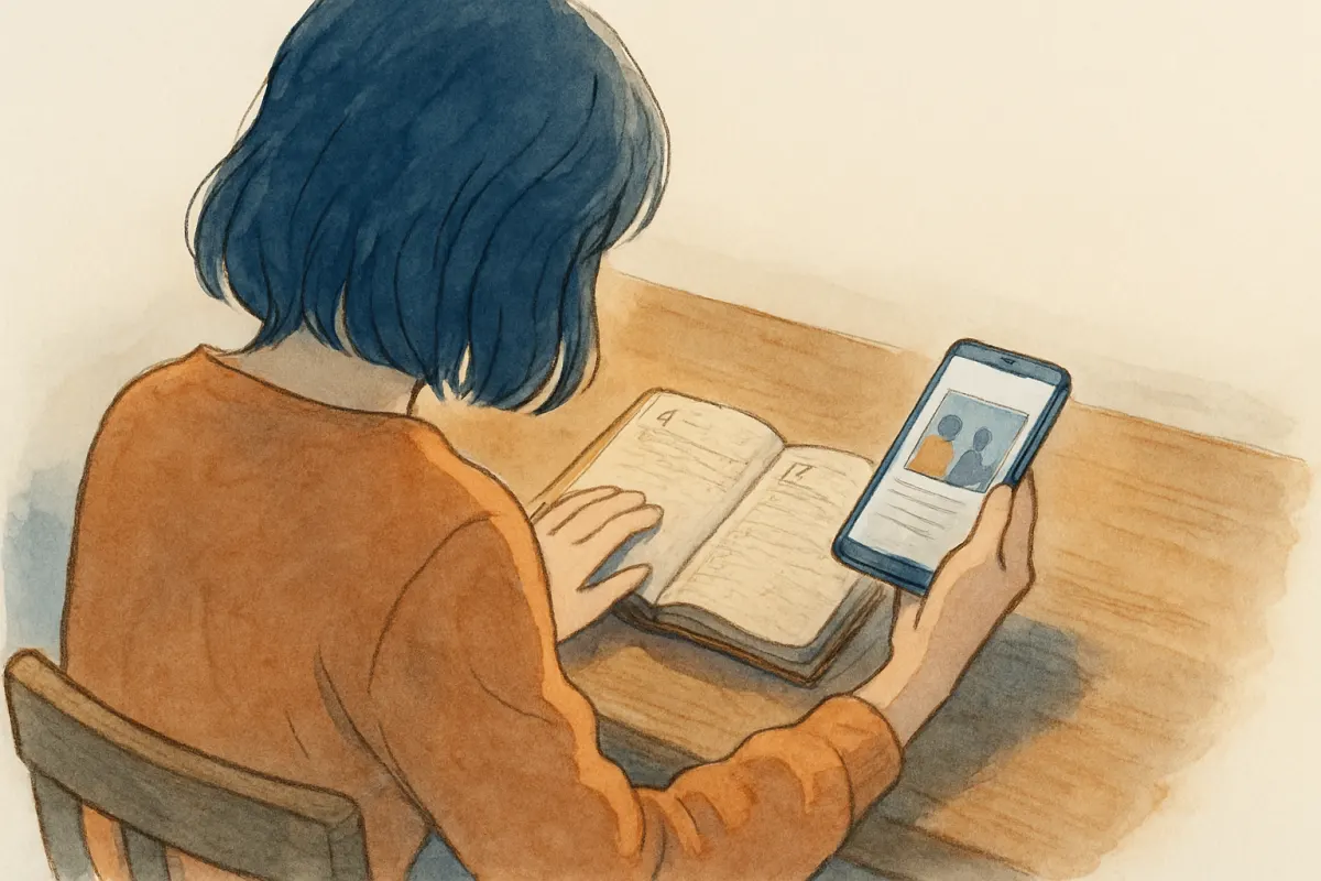 離婚前の記録を手帳とスマホで振り返る様子