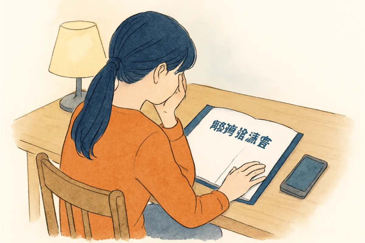 夜の部屋で離婚協議書のファイルと古いスマホを見つめる女性の手元
