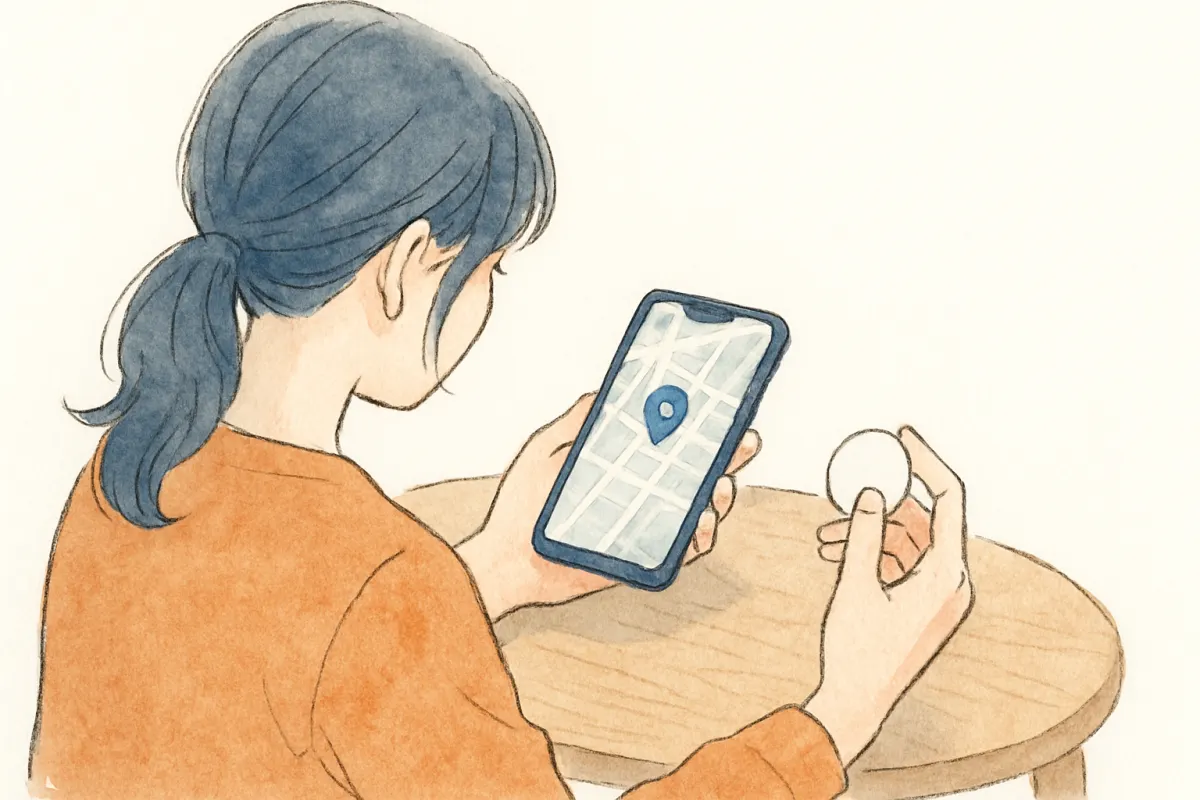 テーブルの上に置かれた小さな追跡タグと、スマホの地図画面を見る女性の手元