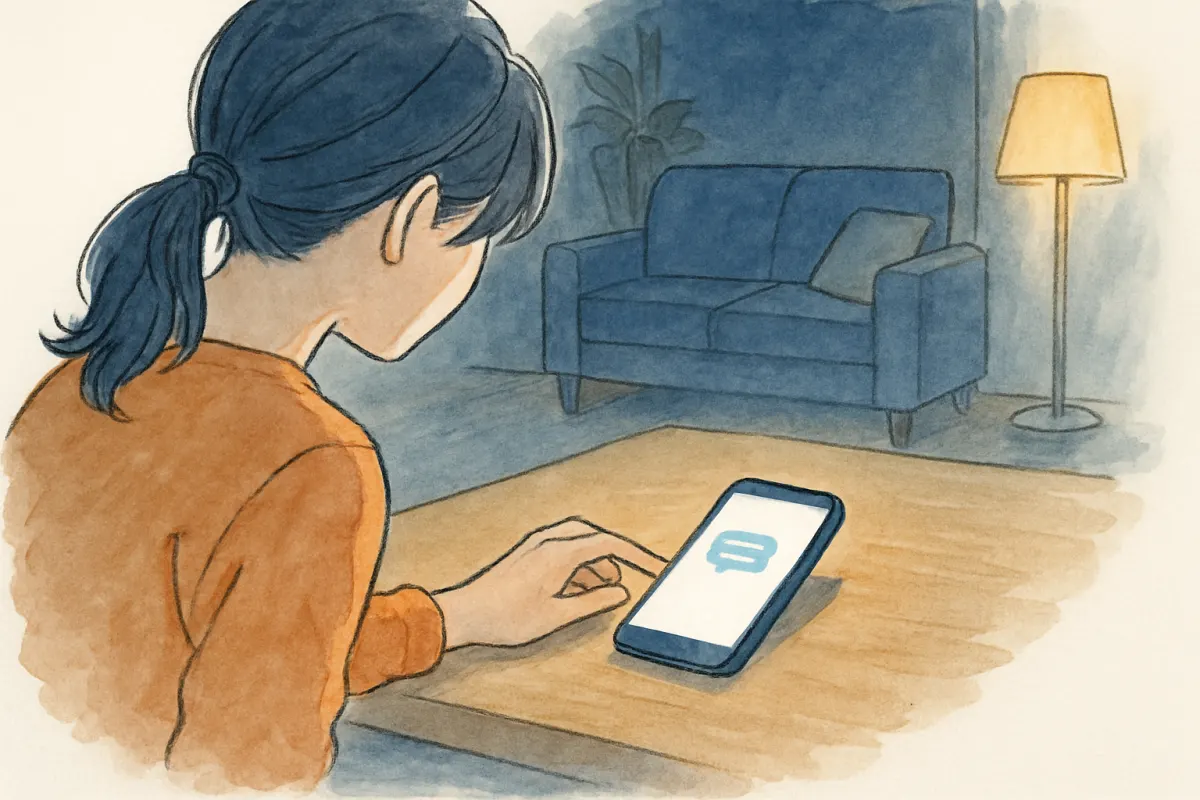 夜のリビングでAndroidスマホをそっとうかがう女性の手元