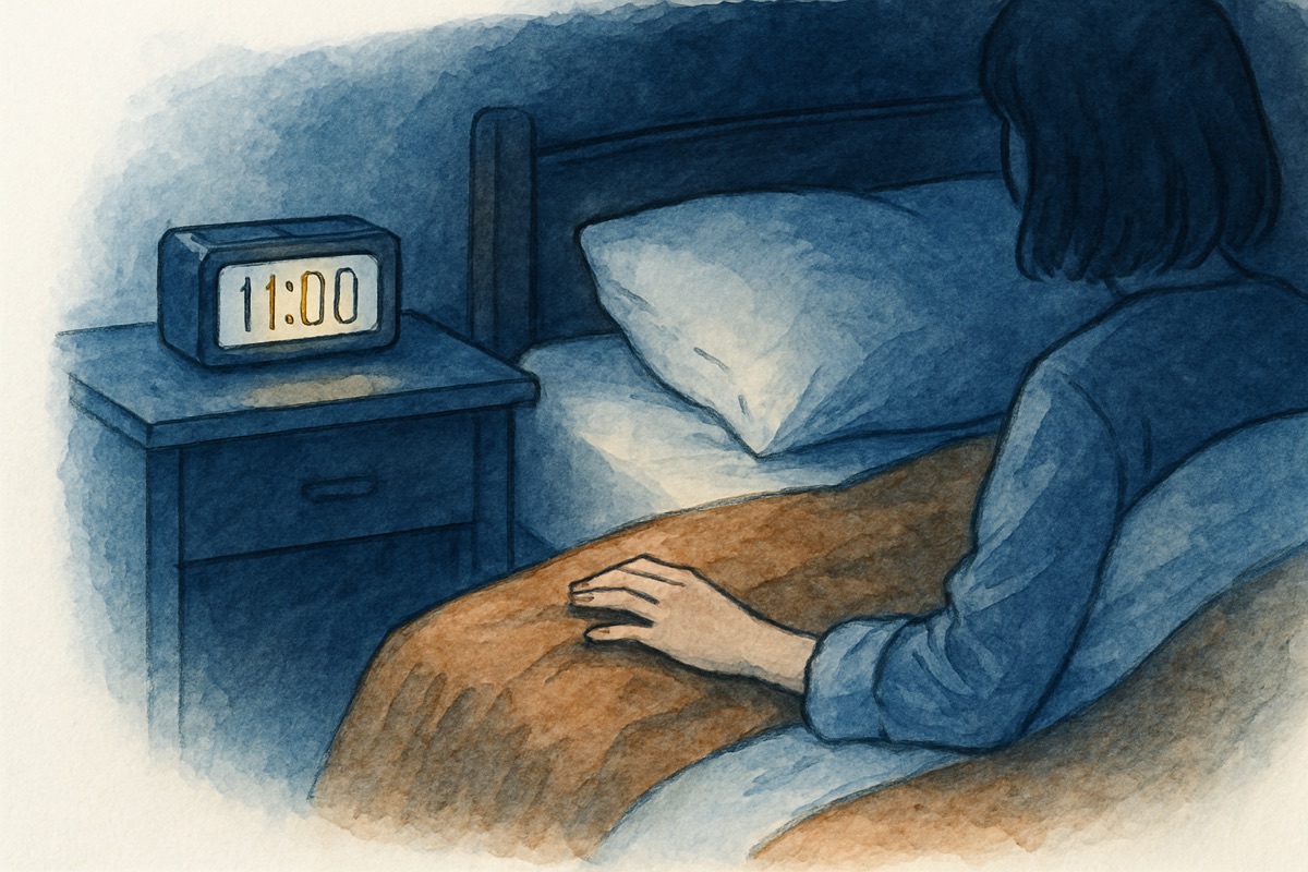 深夜の寝室でベッドサイドの時計のそばに置かれた手元