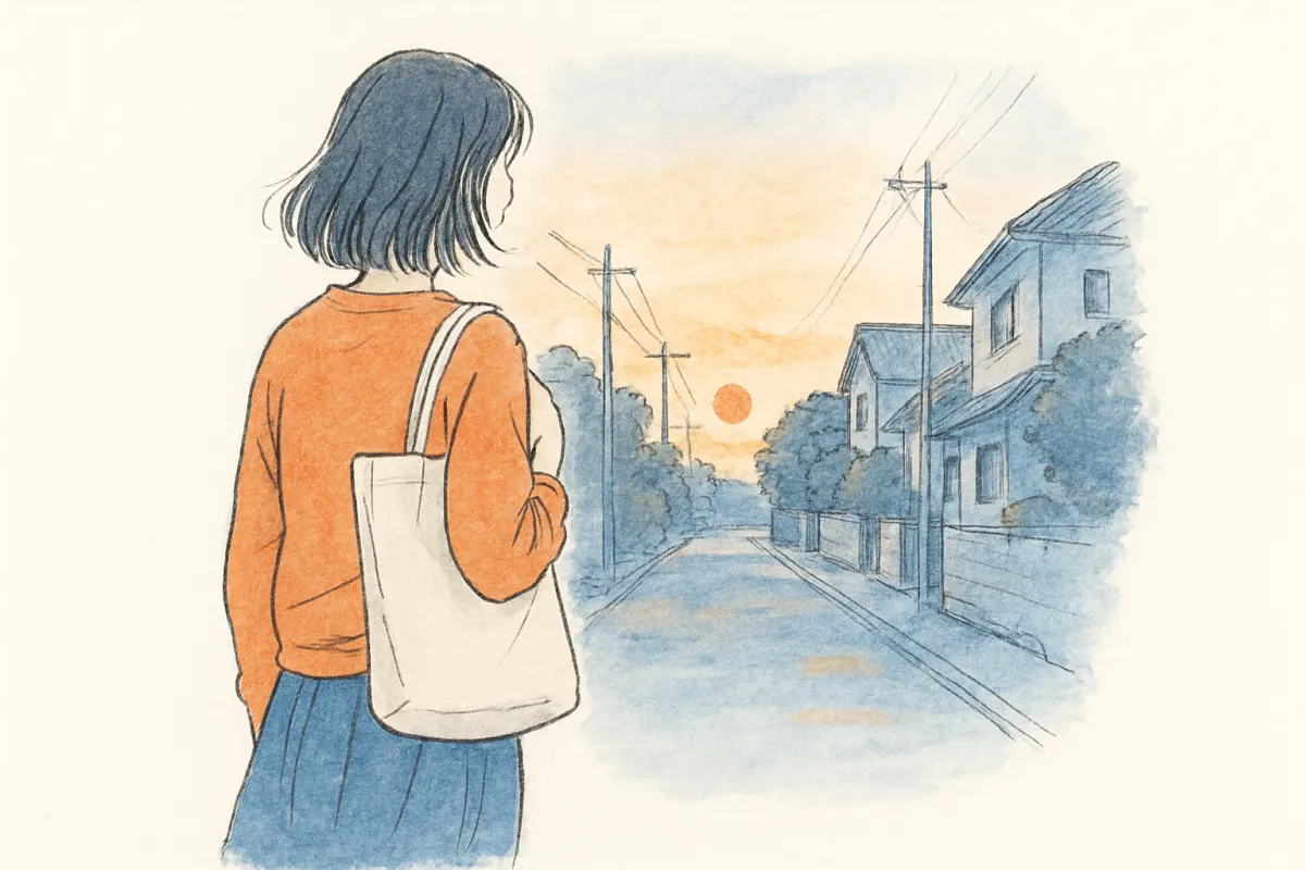 夕方の道で背後をふと振り返る女性の後ろ姿