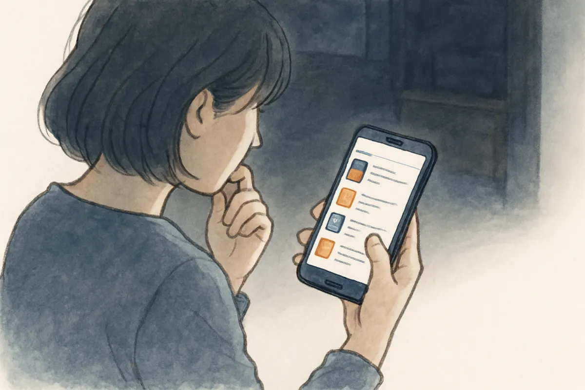 スクショ通知の仕様を気にしながらスマホを見る様子