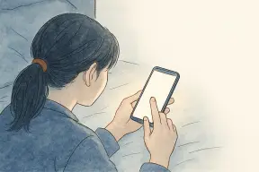 深夜の寝室でスマホの画面を見つめて指を止める女性の手元
