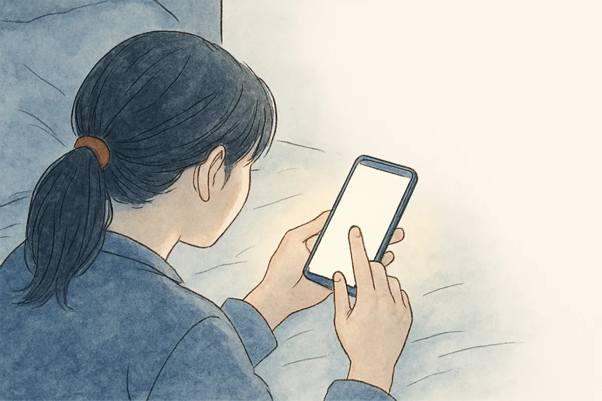 深夜の寝室でスマホの画面を見つめて指を止める女性の手元