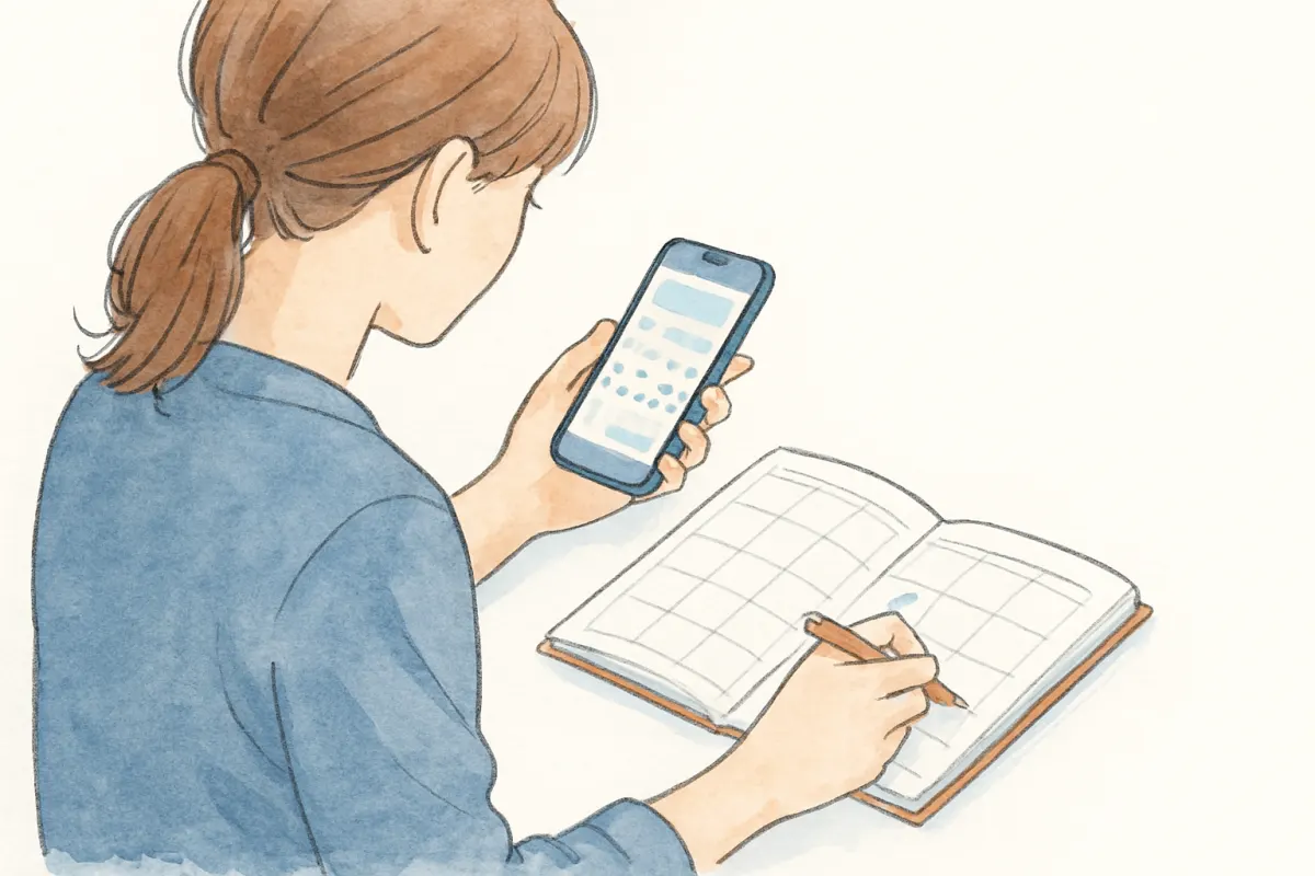 SNSで気づいた違和感を手帳に記録する様子