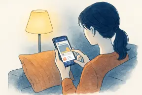 夜のソファでBeRealの画面を開いたスマホを持つ女性の手元