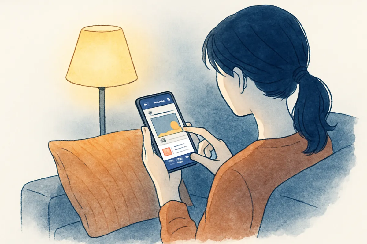 夜のソファでBeRealの画面を開いたスマホを持つ女性の手元