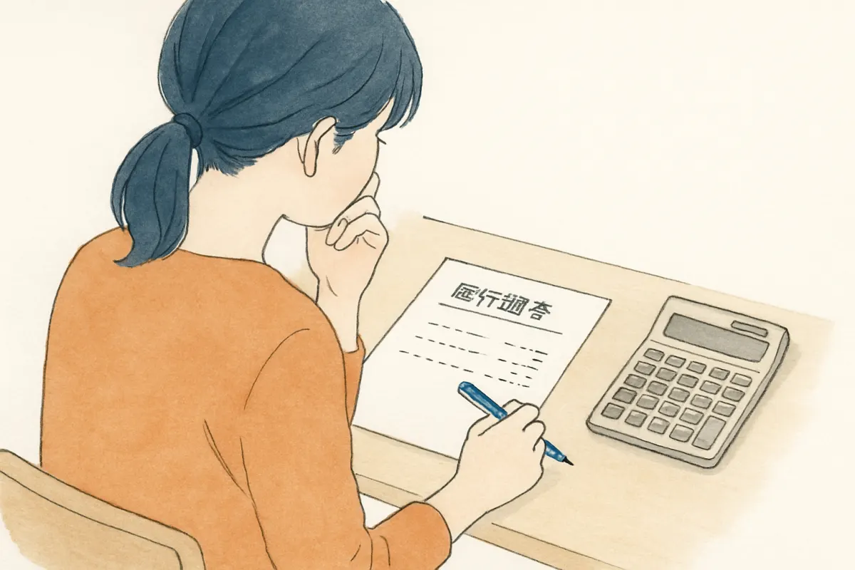 メモと電卓を前に尾行調査の費用を試算する女性の手元