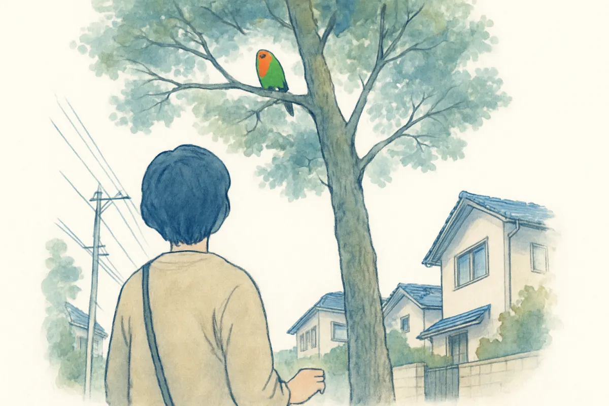 住宅街の木の枝に留まるインコを見上げた様子