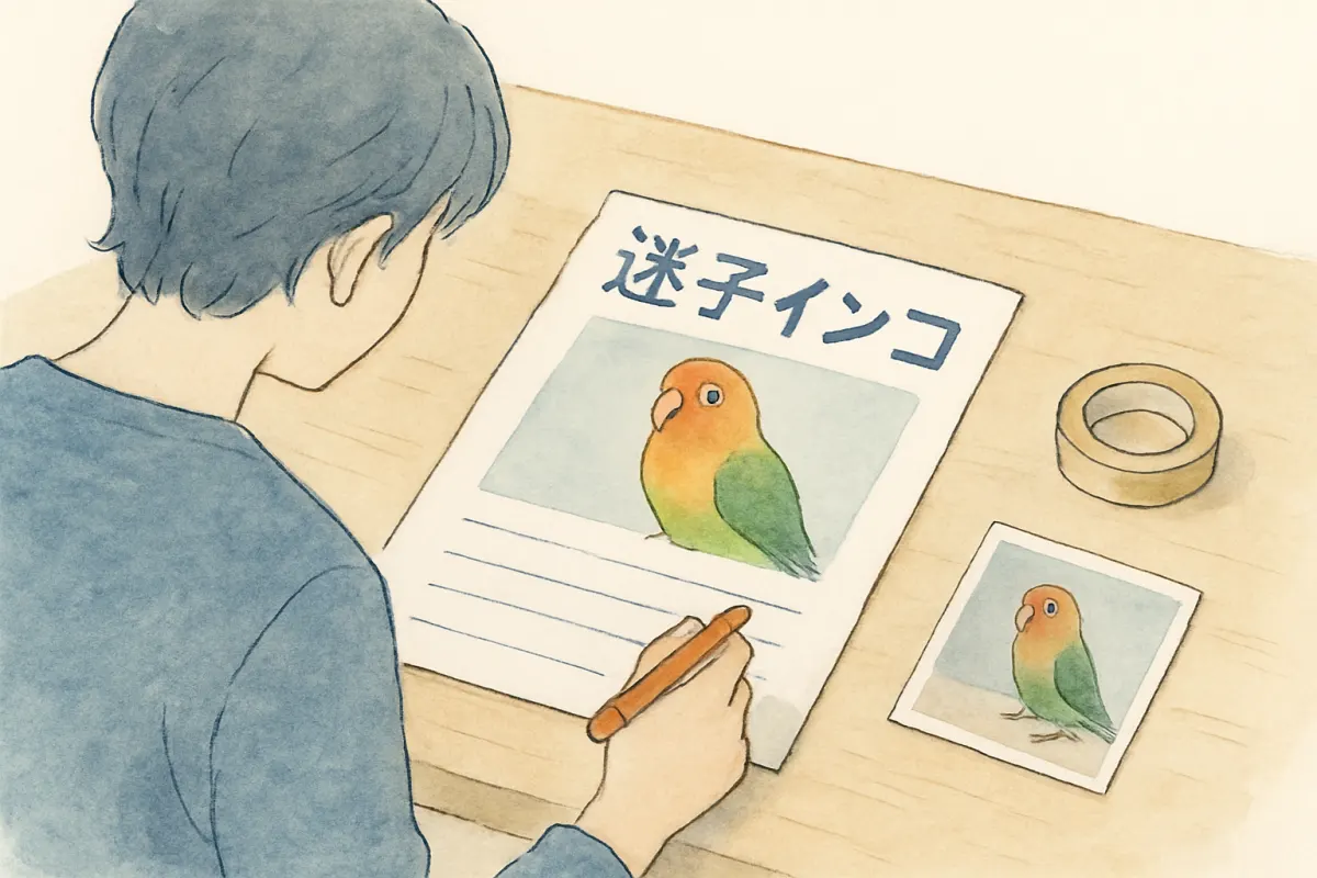 迷子インコの捜索チラシを準備している様子