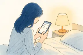 夜のベッドでスマホのトーク画面を見つめる女性の手元