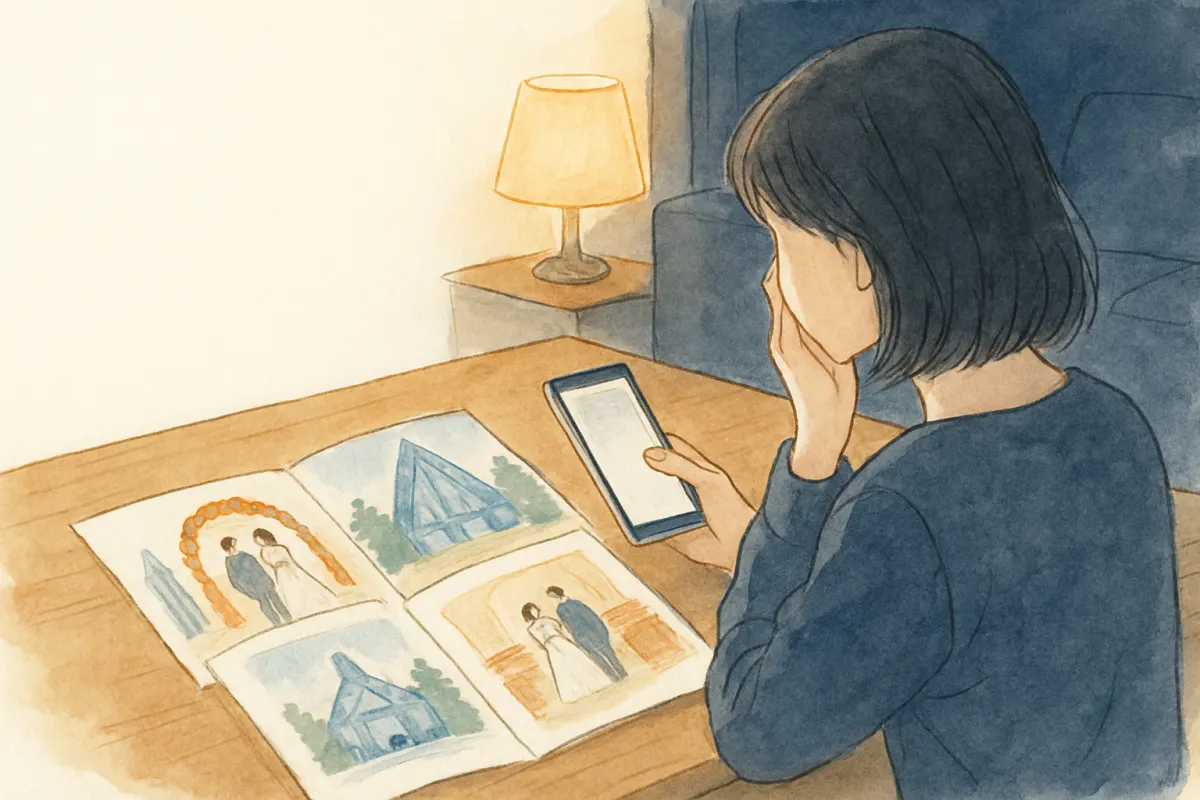 式場のパンフレットを前に婚約の記録を整理する様子