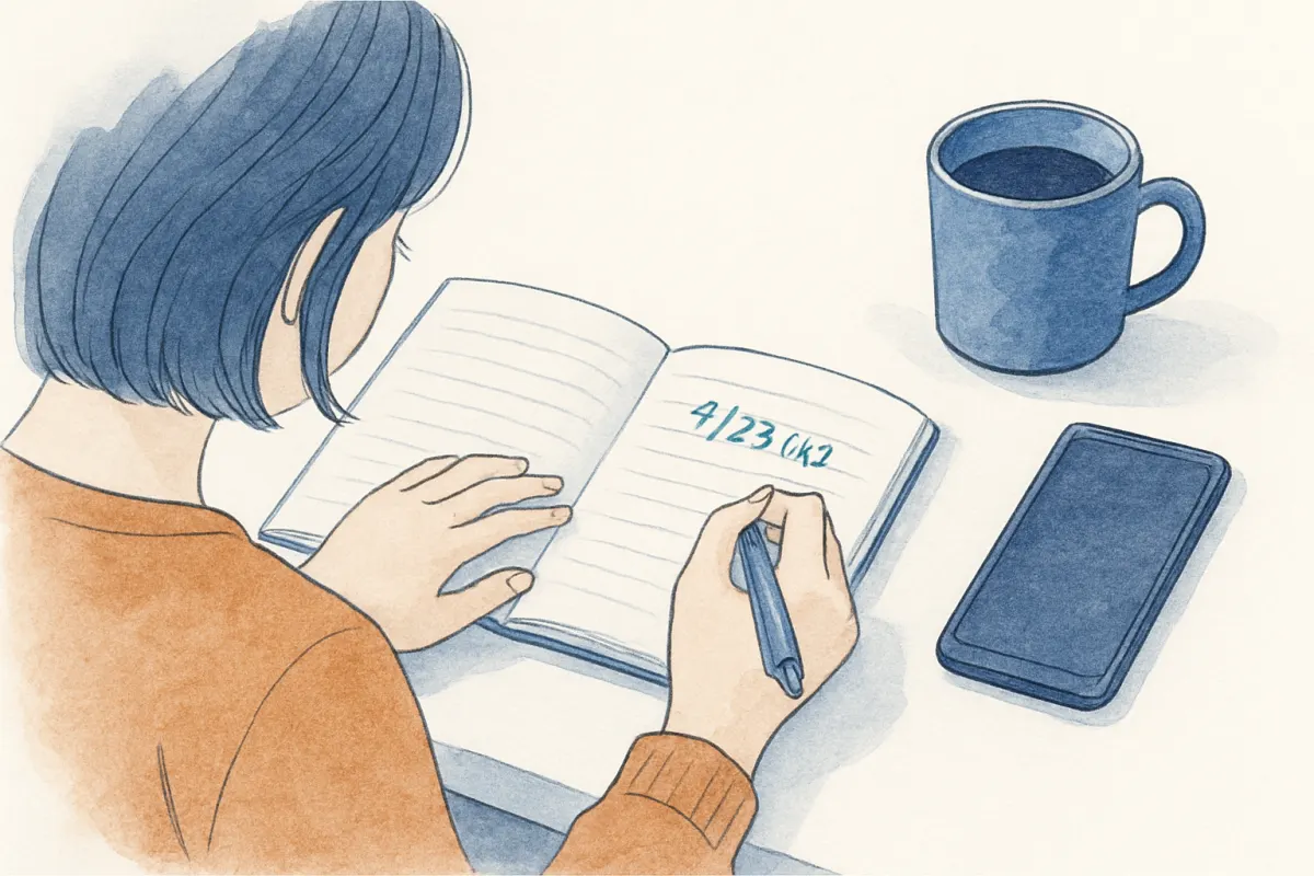 メッセージの記録をノートに書き写して整理する様子