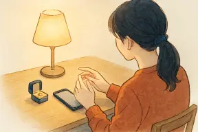 夜の部屋で婚約指輪を見つめる女性の手元