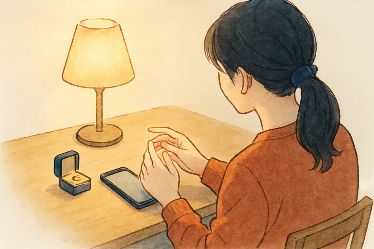 夜の部屋で婚約指輪を見つめる女性の手元