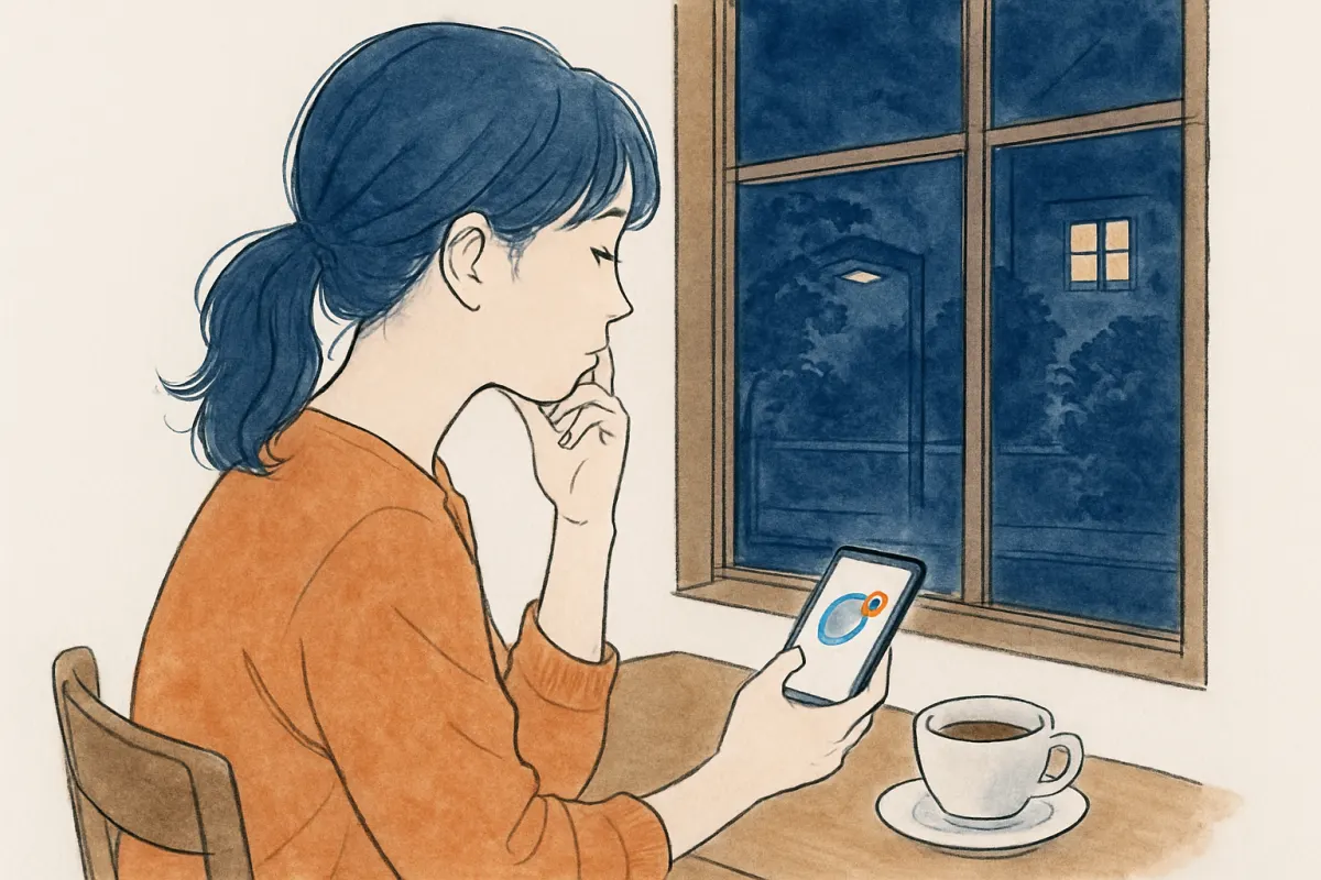 スマホの通知に手を止めて考え込む若い女性の横顔