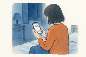 夜の部屋で返信のないトーク画面を見つめる女性