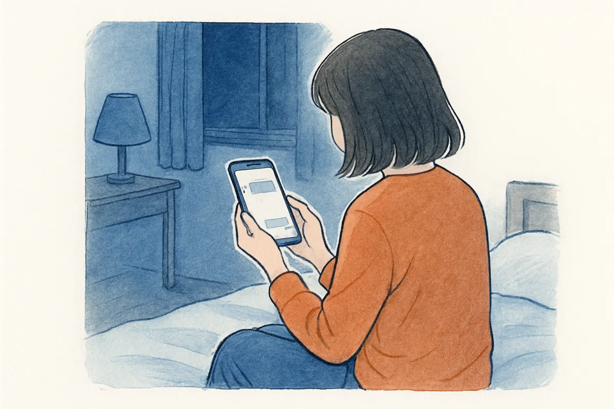 夜の部屋で返信のないトーク画面を見つめる女性