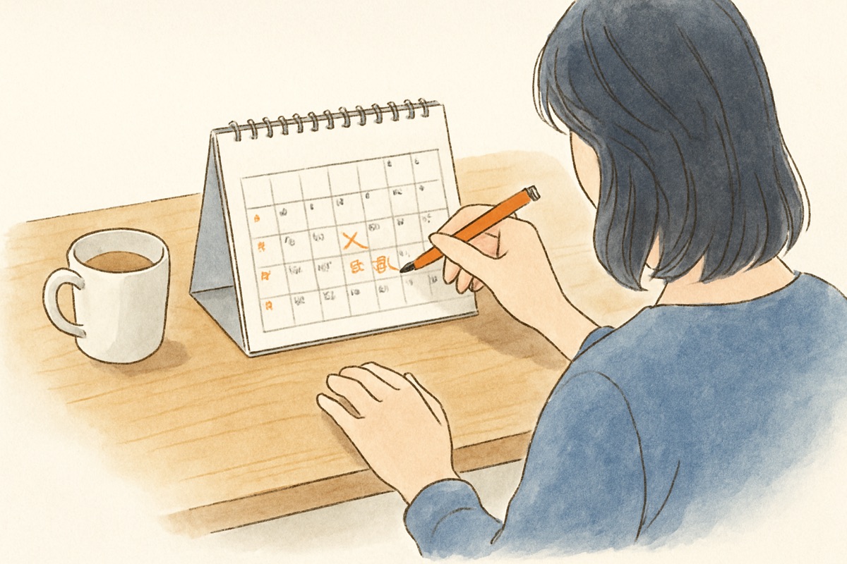 カレンダーに出張の日付を記録する女性の手元