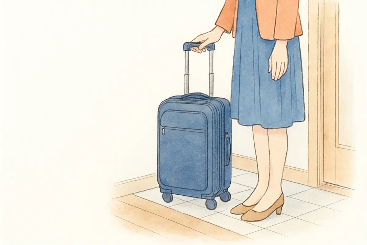 玄関に置かれた出張用キャリーケースを見つめる女性の手元