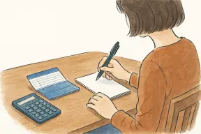 電卓と通帳を前に浮気調査の費用について考え込む女性の手元