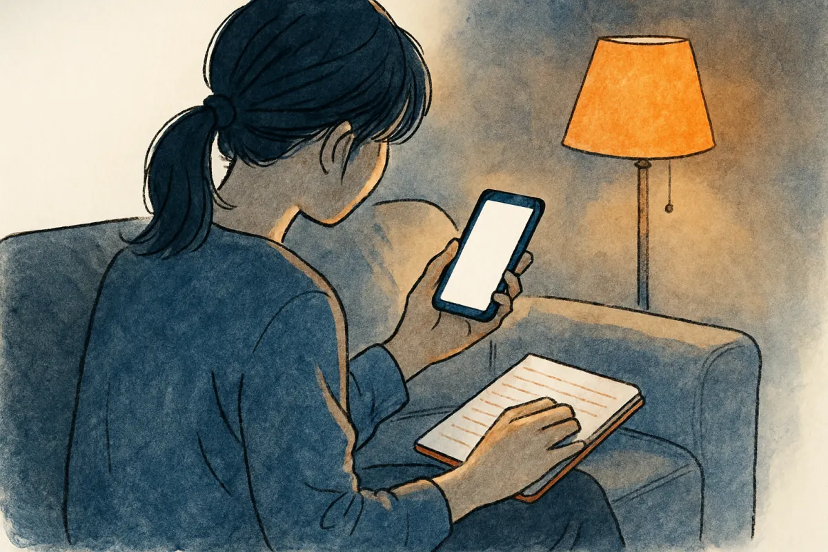 深夜のリビングでスマホを手にため息をつく女性の手元