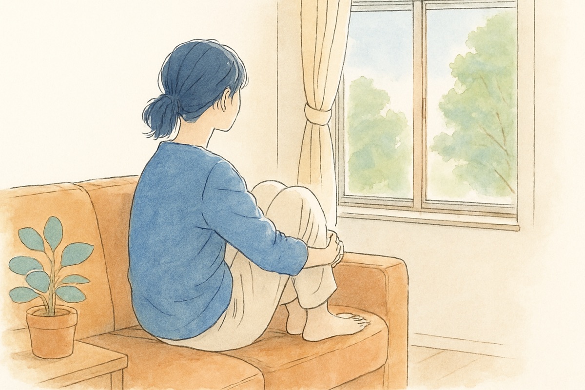 リビングのソファの端で膝を抱えて座る女性の後ろ姿
