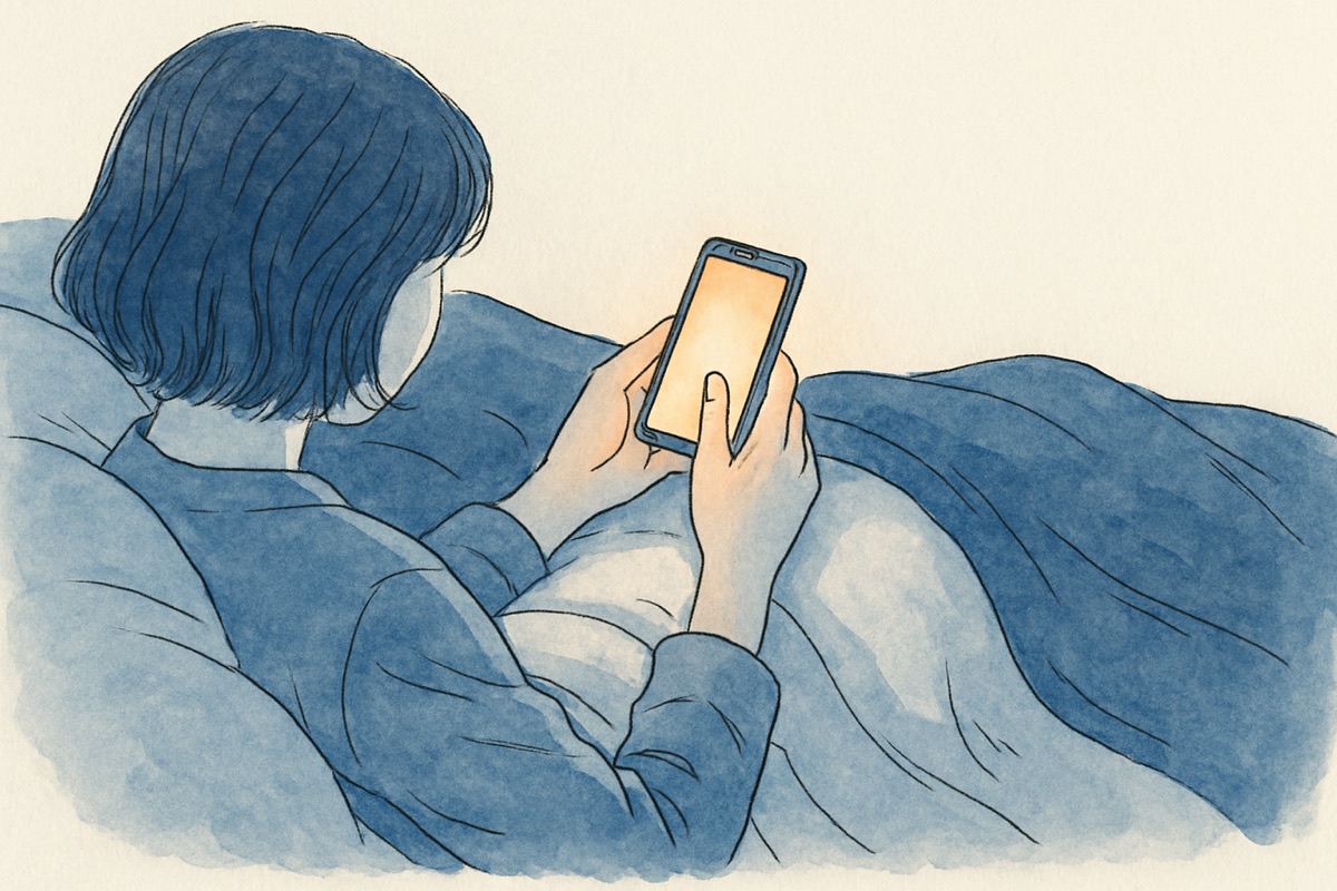 深夜にひとりでスマホを見つめる様子