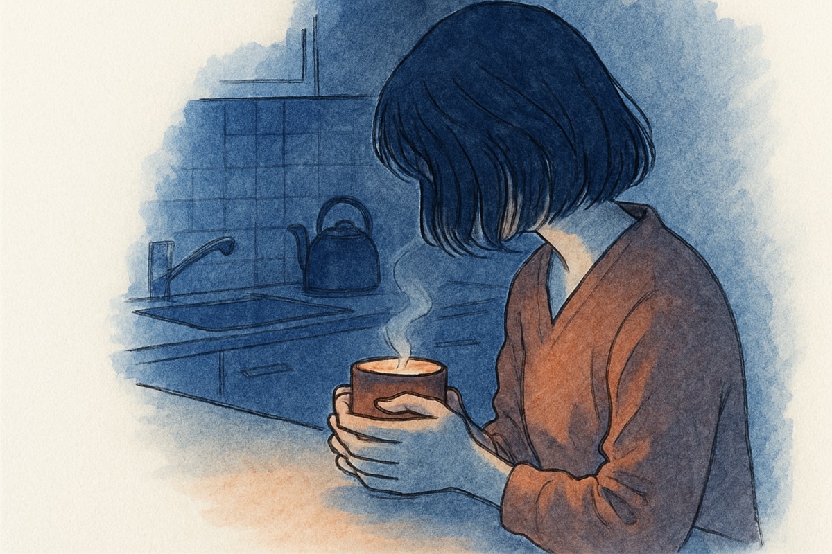 深夜のキッチンでマグカップを両手で包む女性の手元