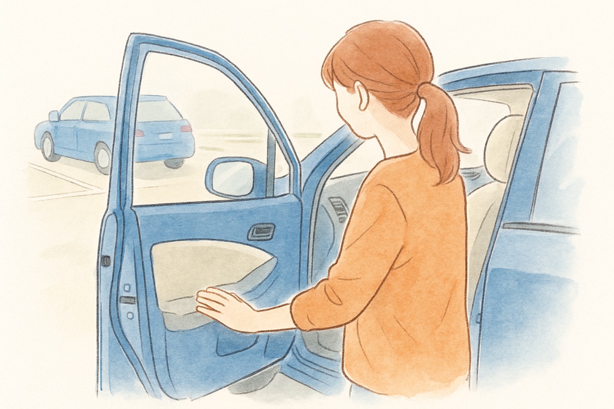 車の助手席の位置や様子を確かめる女性の手元