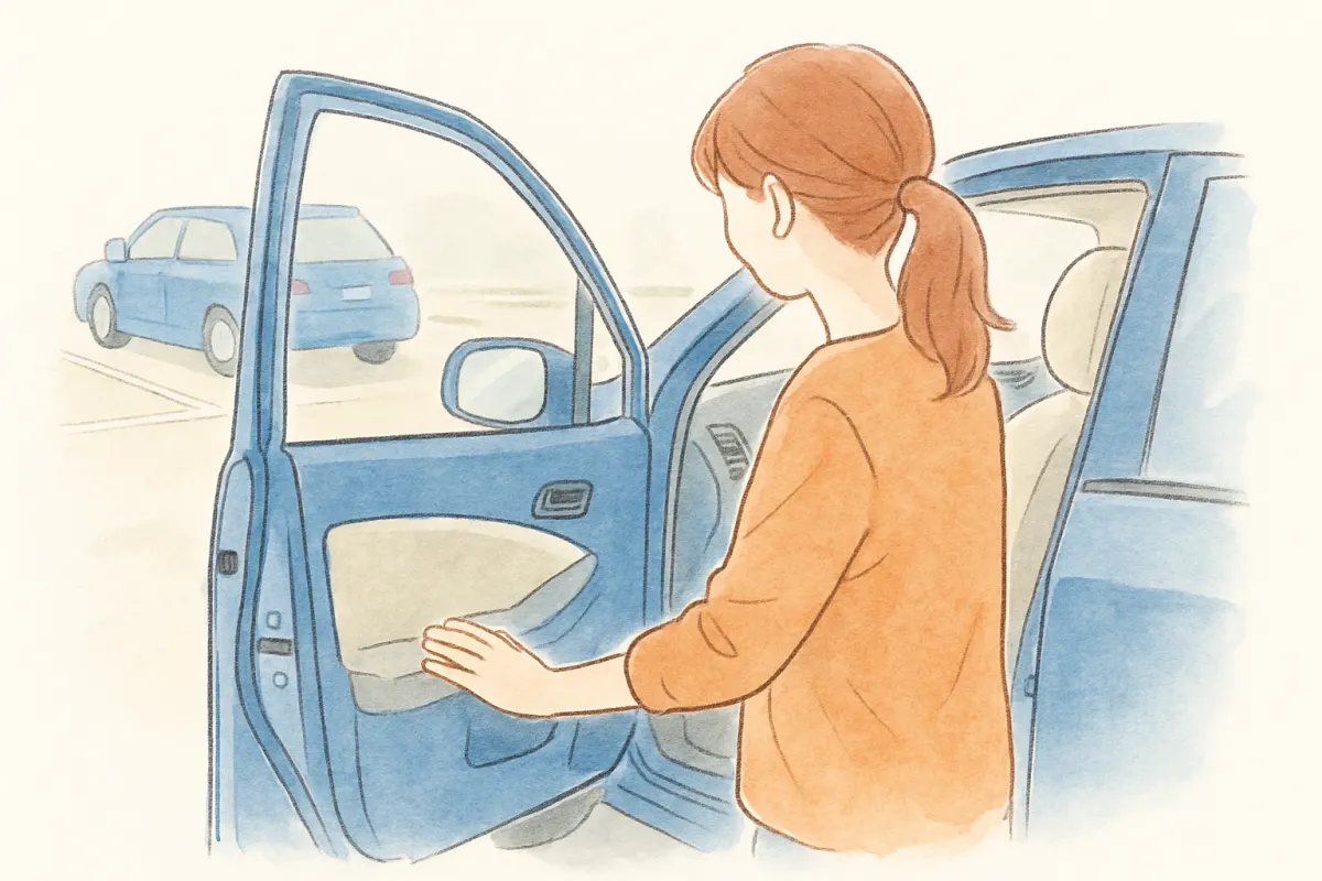 車の助手席の位置や様子を確かめる女性の手元