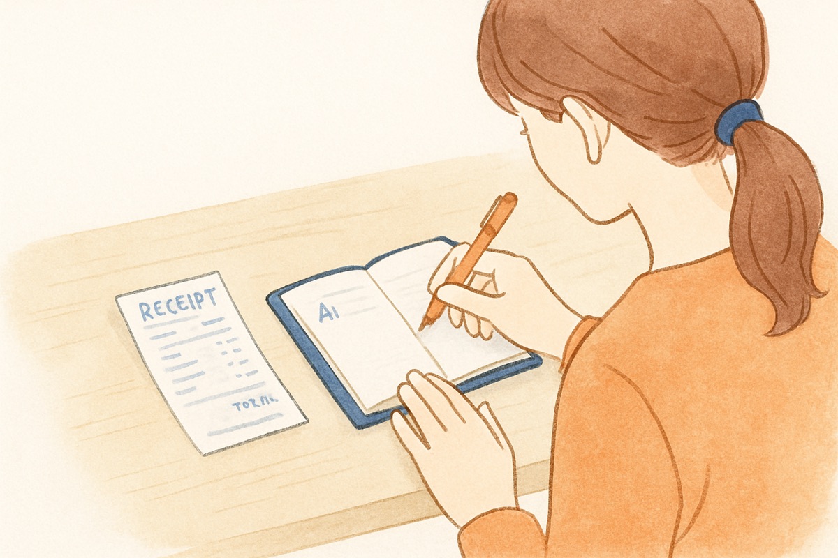 車内で気づいたことをレシートと一緒に手帳へ記録する様子