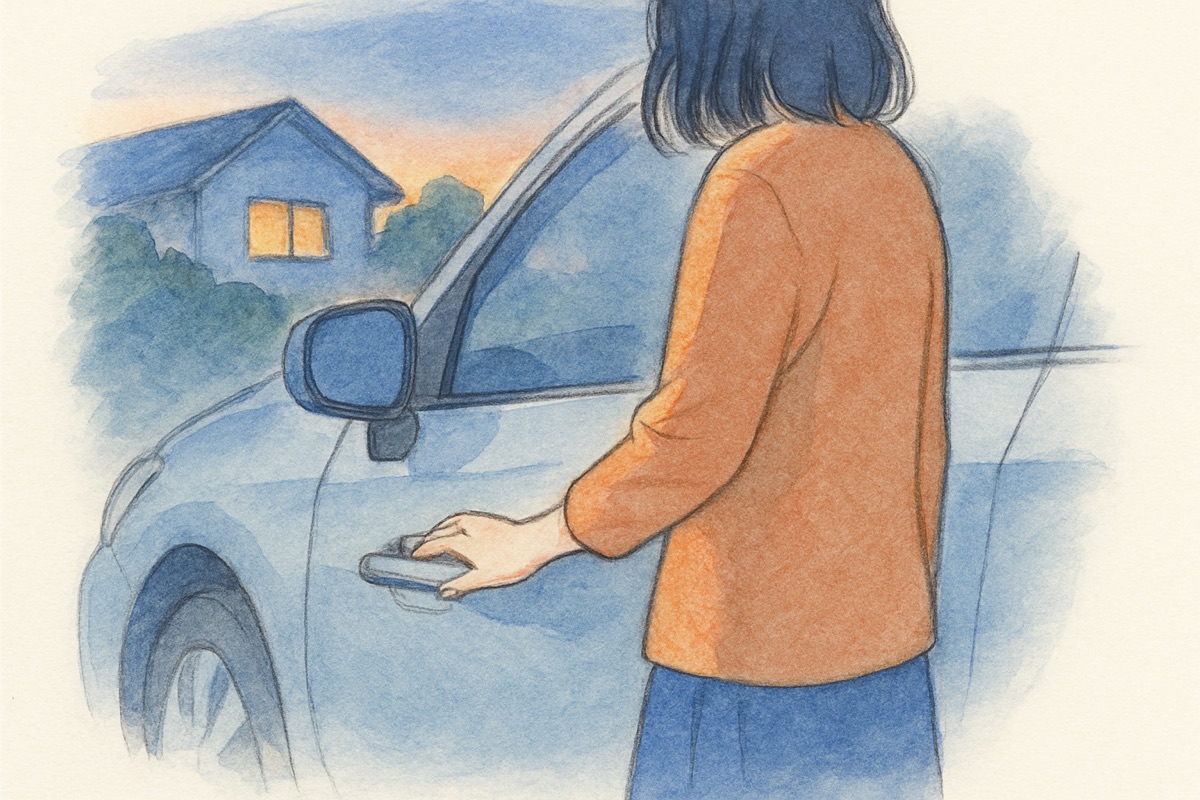 夕方の駐車場で車の助手席ドアに手をかける女性の手元