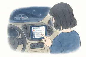 夜の車内でカーナビの画面をそっと確認する女性の手元