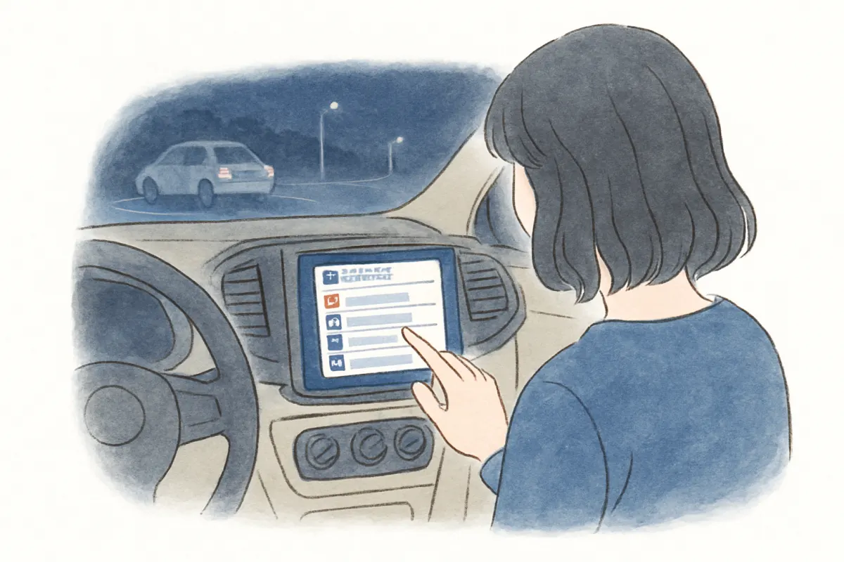 夜の車内でカーナビの画面をそっと確認する女性の手元