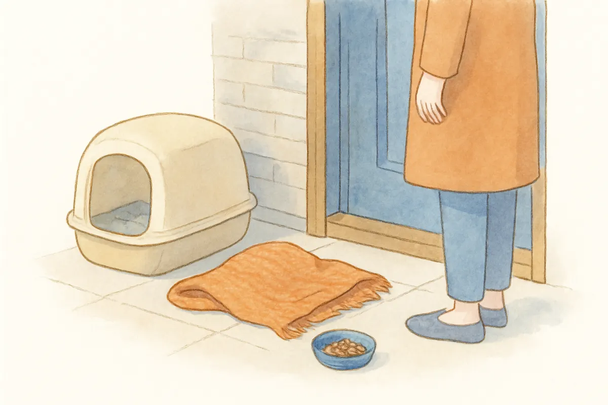 玄関先に猫の匂いのついた物を置いた様子