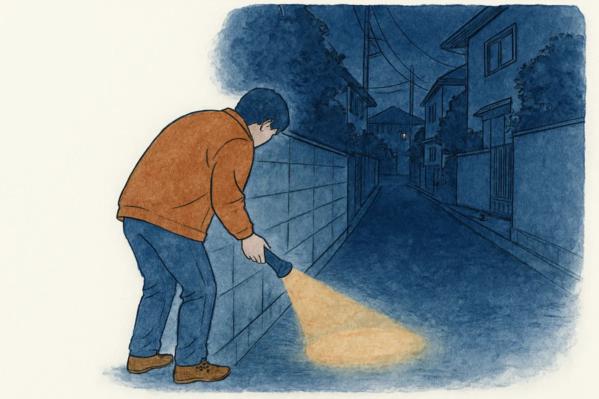 夜の住宅街で猫を探す様子