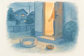 夕暮れの住宅街で玄関先から外を見つめる飼い主と少し開いた玄関ドア