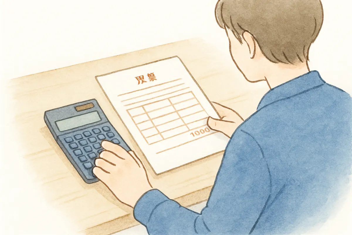 電卓と見積書を前に捜索費用を確認する手元