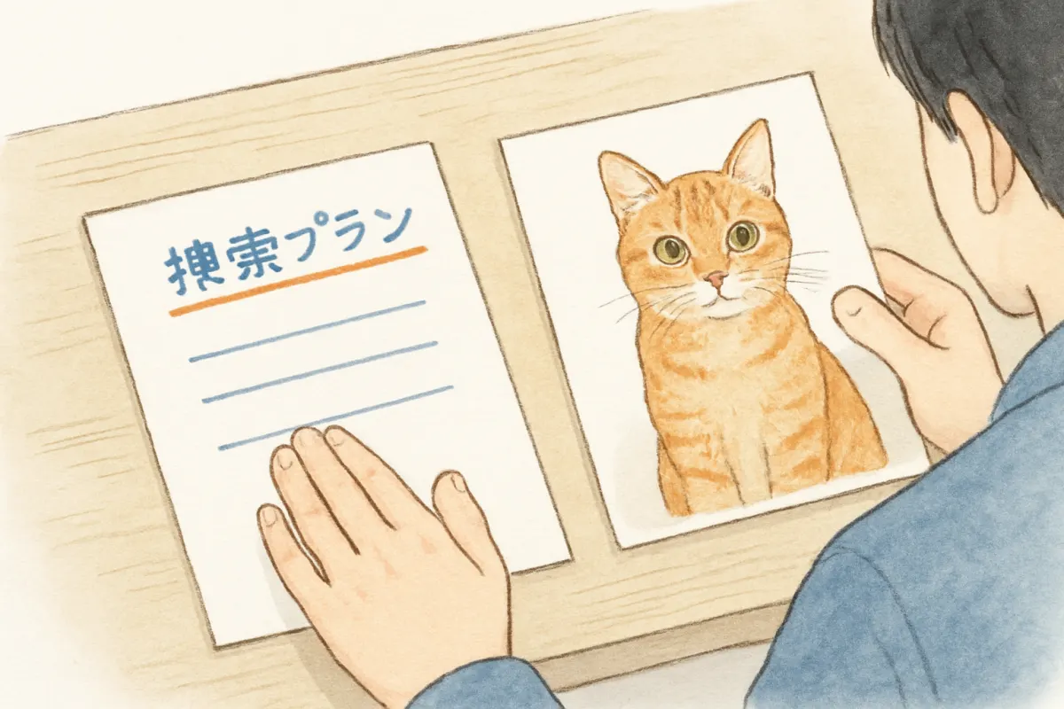 捜索プランの書類と猫の写真を並べて検討する手元