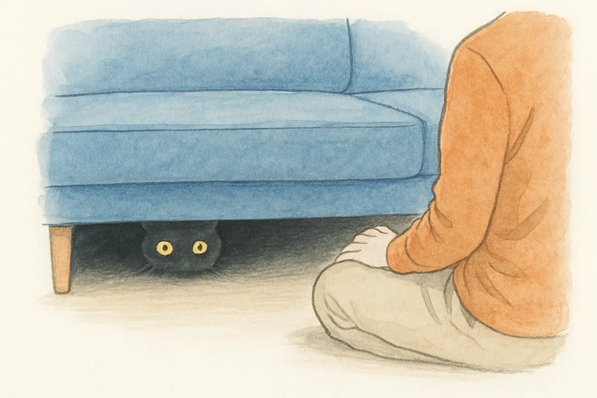 ソファの下の隙間に隠れている猫