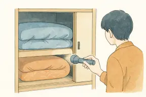 押し入れの奥の暗がりを懐中電灯で照らしてのぞき込む様子