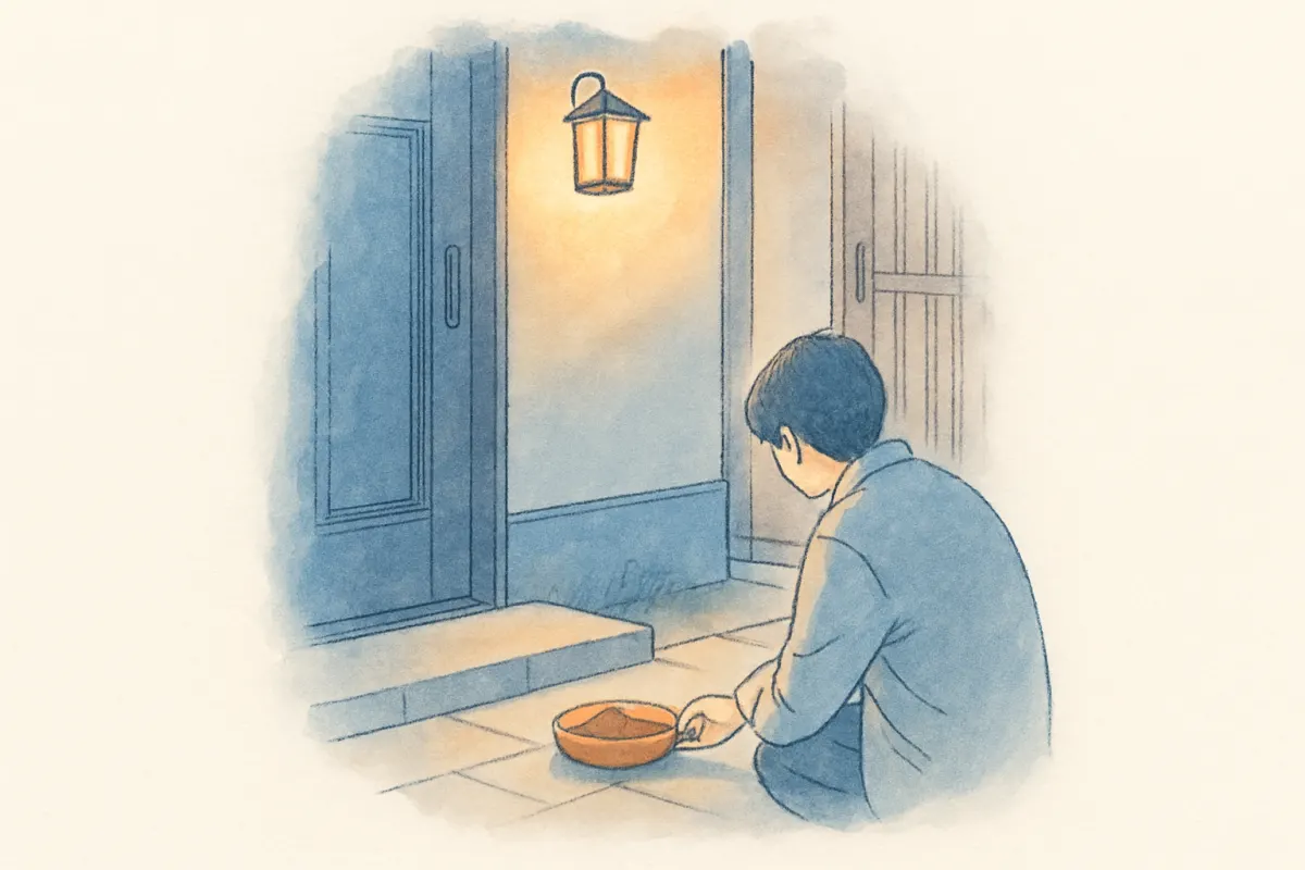 夜の玄関先に置かれた猫のごはんと外灯の明かり