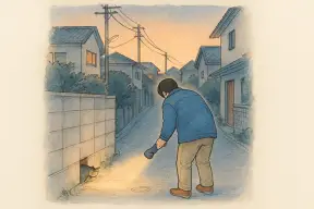 夕暮れの住宅街で懐中電灯を手に猫を探す飼い主