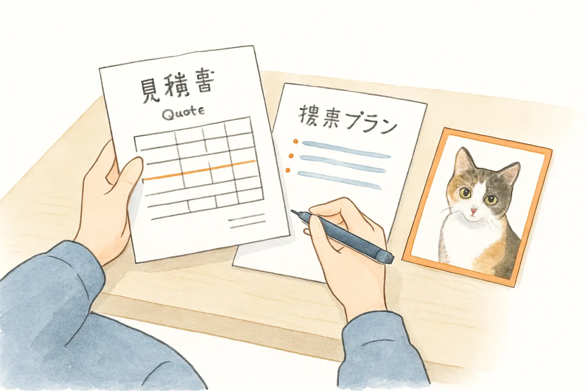 見積書を前に捜索プランを確認する飼い主の手元