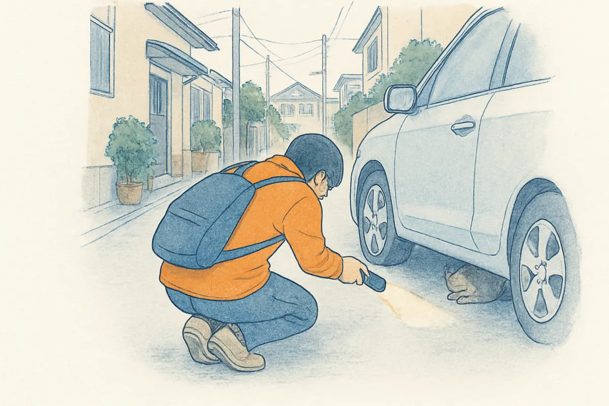 住宅街の路地で車の下をのぞき込んで猫を探す様子